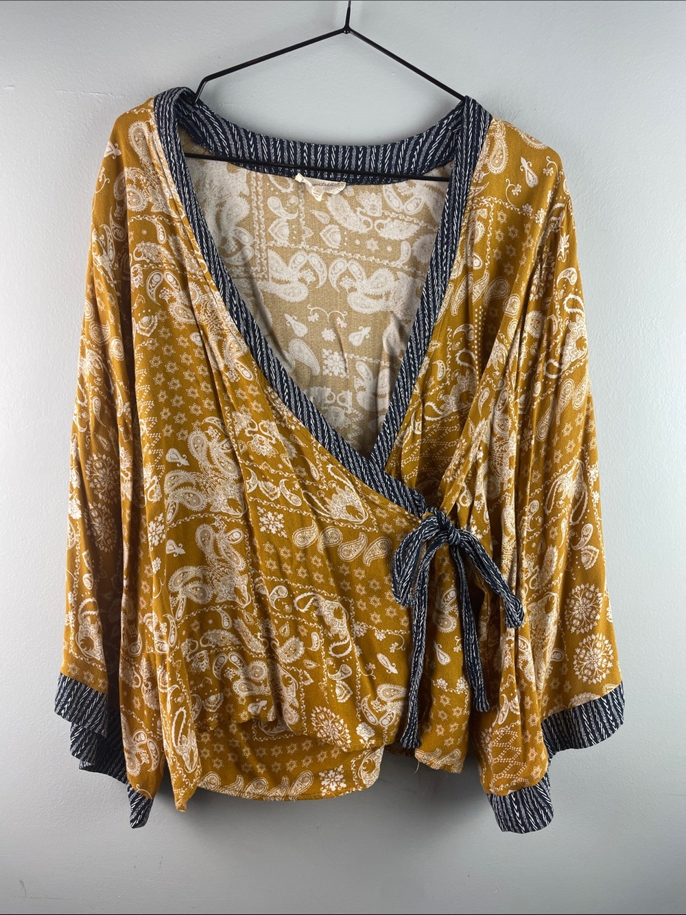 Mystree Mustard Paisley Wrap Top with Navy Trim Size L